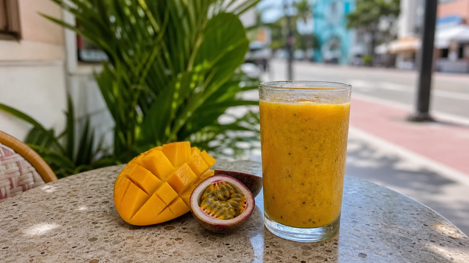 Mango and passion fruit smoothie on an unbranded Miami café table