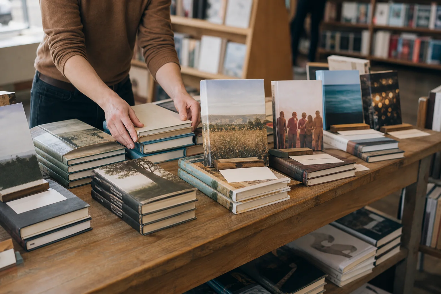 A bookseller arranges themed stacks and face-out books on a wood display table