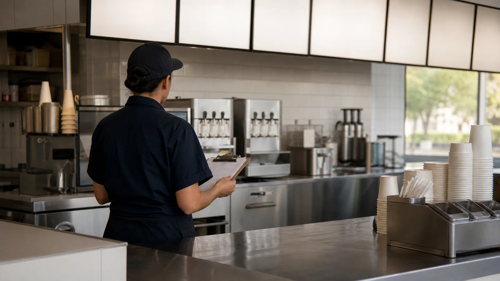 A worker reviewing a clipboard behind the counter of a generic soft-serve restaurant