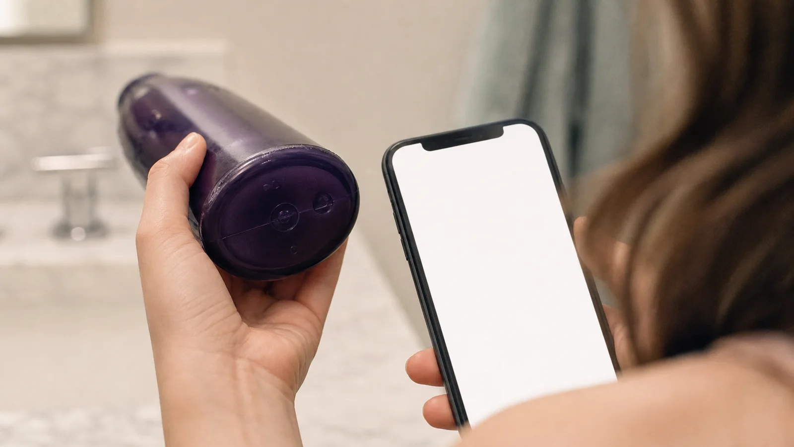 A person comparing the base of a generic shampoo bottle with a recall notice on a phone