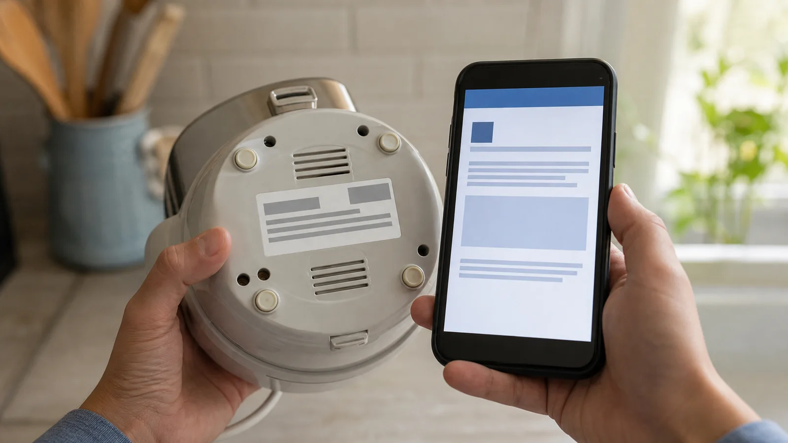 A person comparing a generic appliance identification label with an official notice on a phone