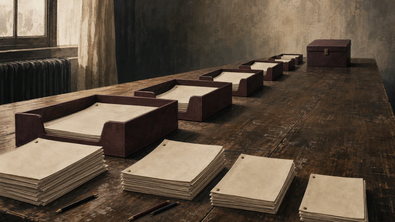 Editorial illustration of screenplay stacks moving through several submission trays toward one closed inbox