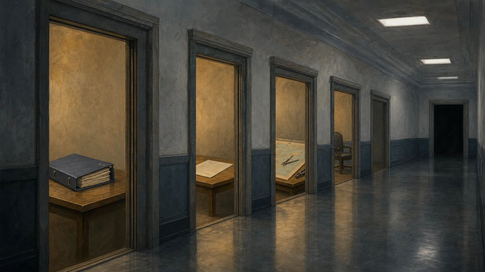 Editorial illustration of a corridor whose open doors represent successive stages of a long conflict