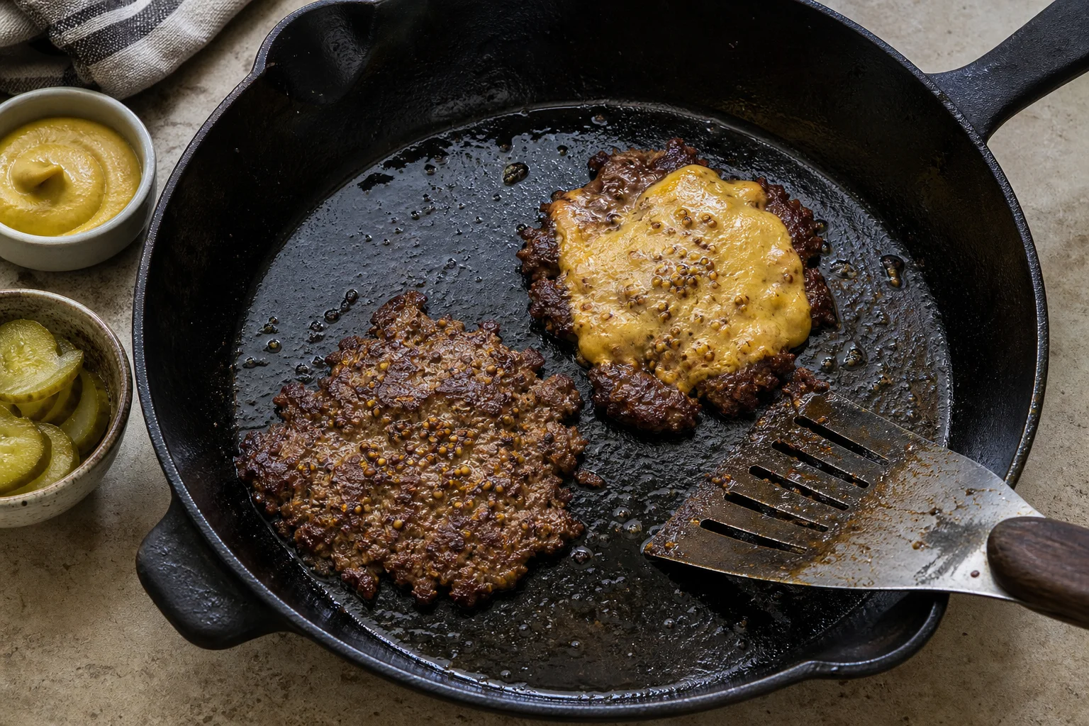 Two thin mustard-crusted burger patties cooking in a cast-iron skillet