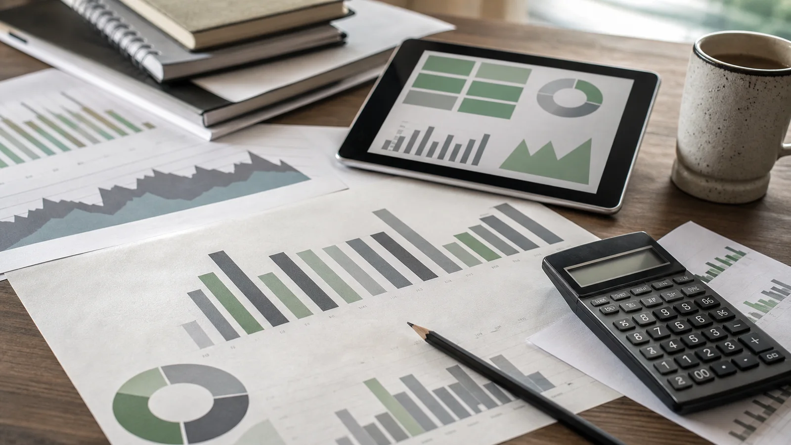 Printed abstract charts, calculator and tablet on an analyst's desk