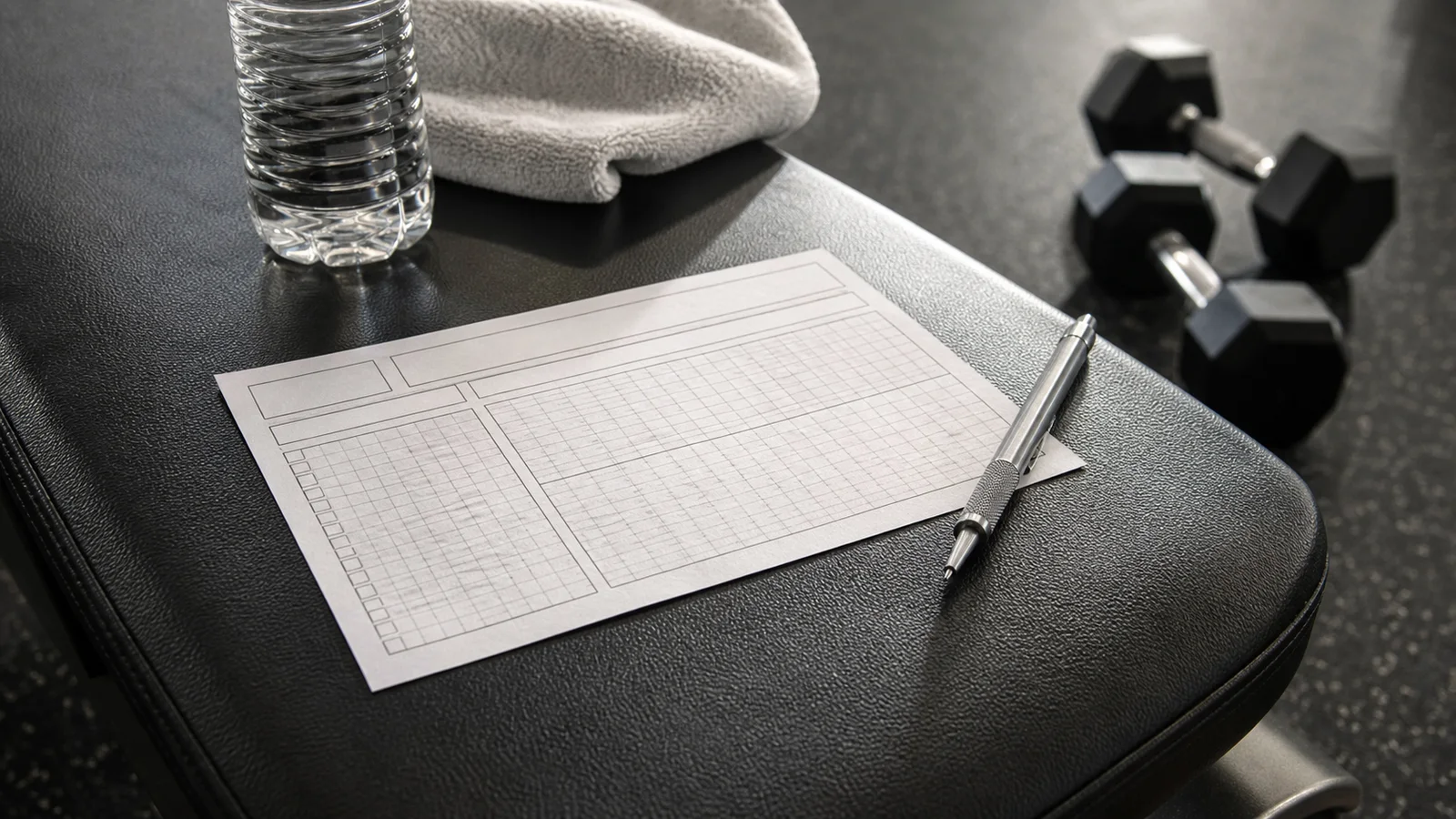 A blank workout grid, pencil, water and dumbbells on a gym bench