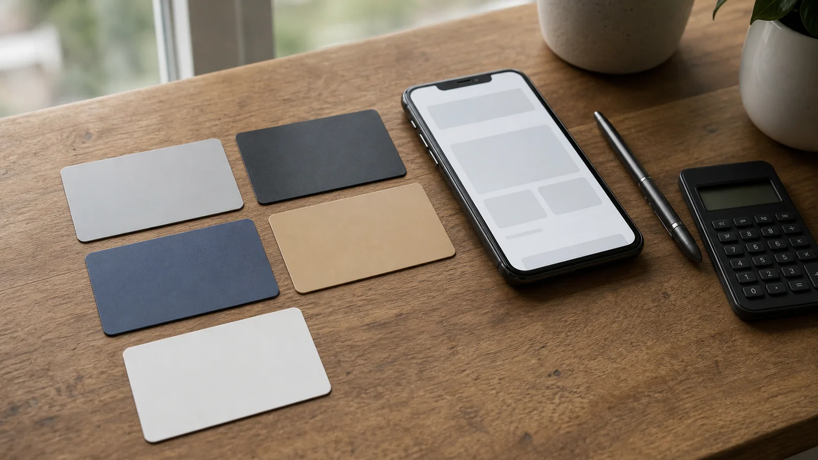 Five blank membership cards beside a phone and calculator