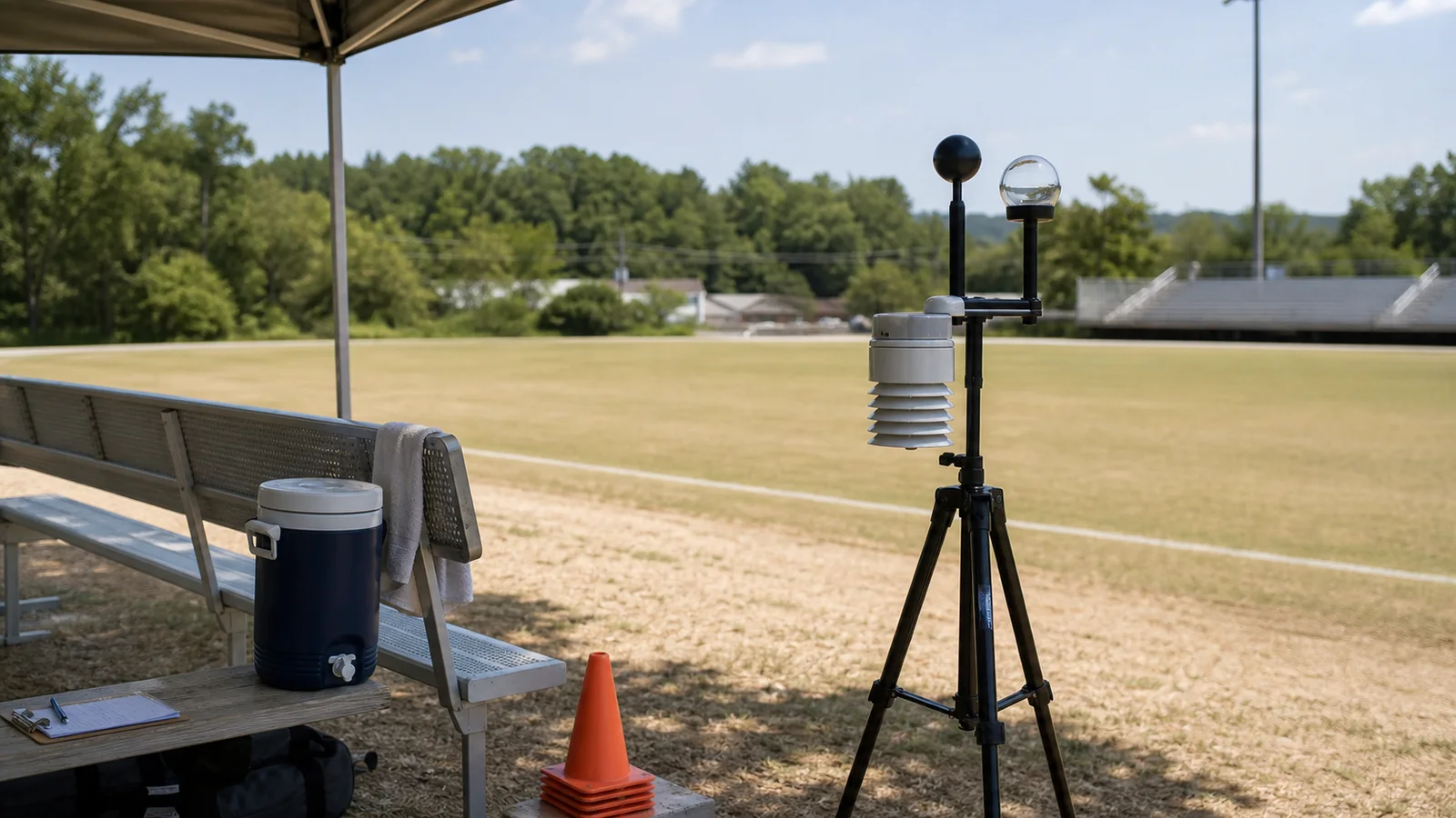 Weather monitoring equipment on a shaded sideline near a water cooler at an empty sports field