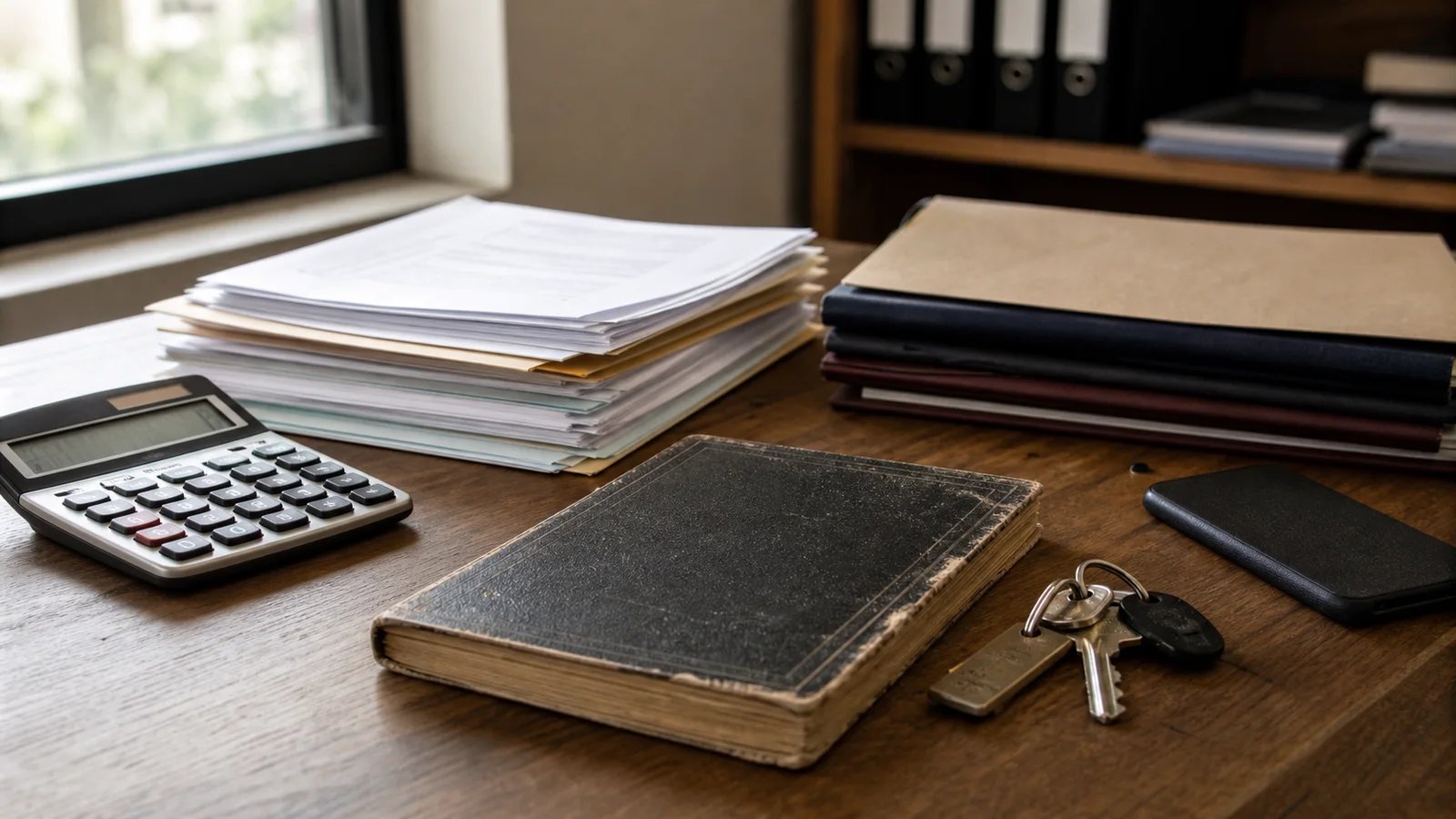 A calculator, business records and commercial keys arranged for acquisition due diligence