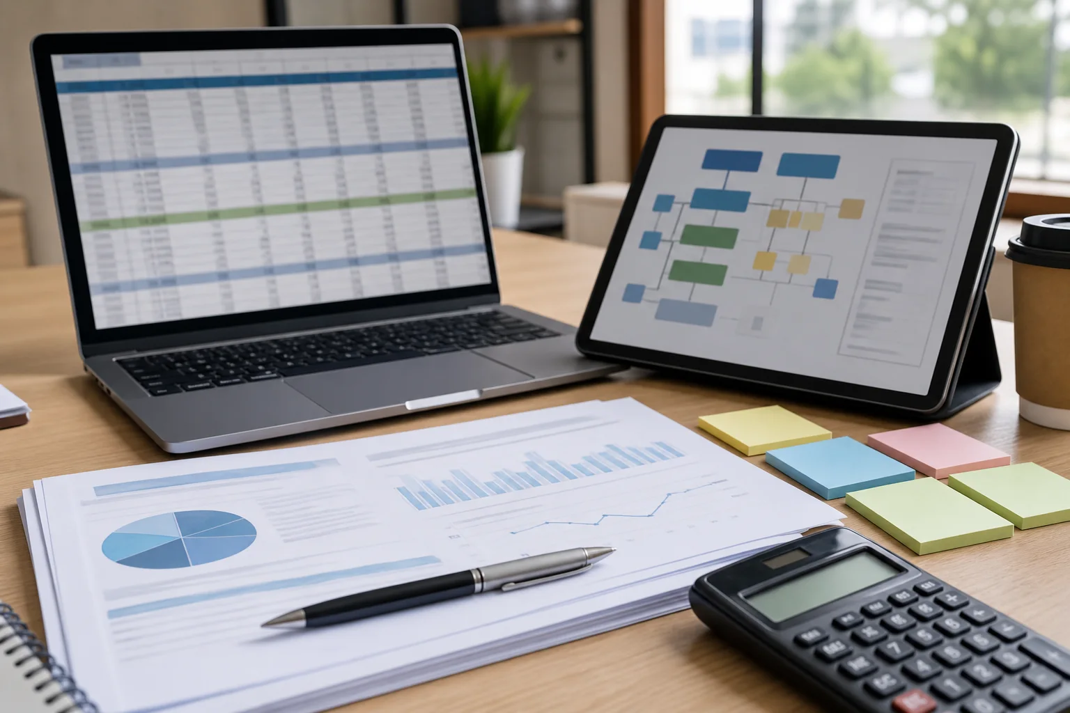 A desk with abstract spreadsheets, workflow blocks and consulting charts