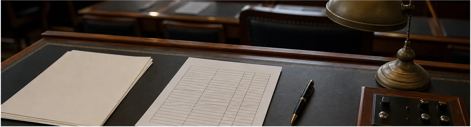 Blank roll-call papers and a pen on a government office desk