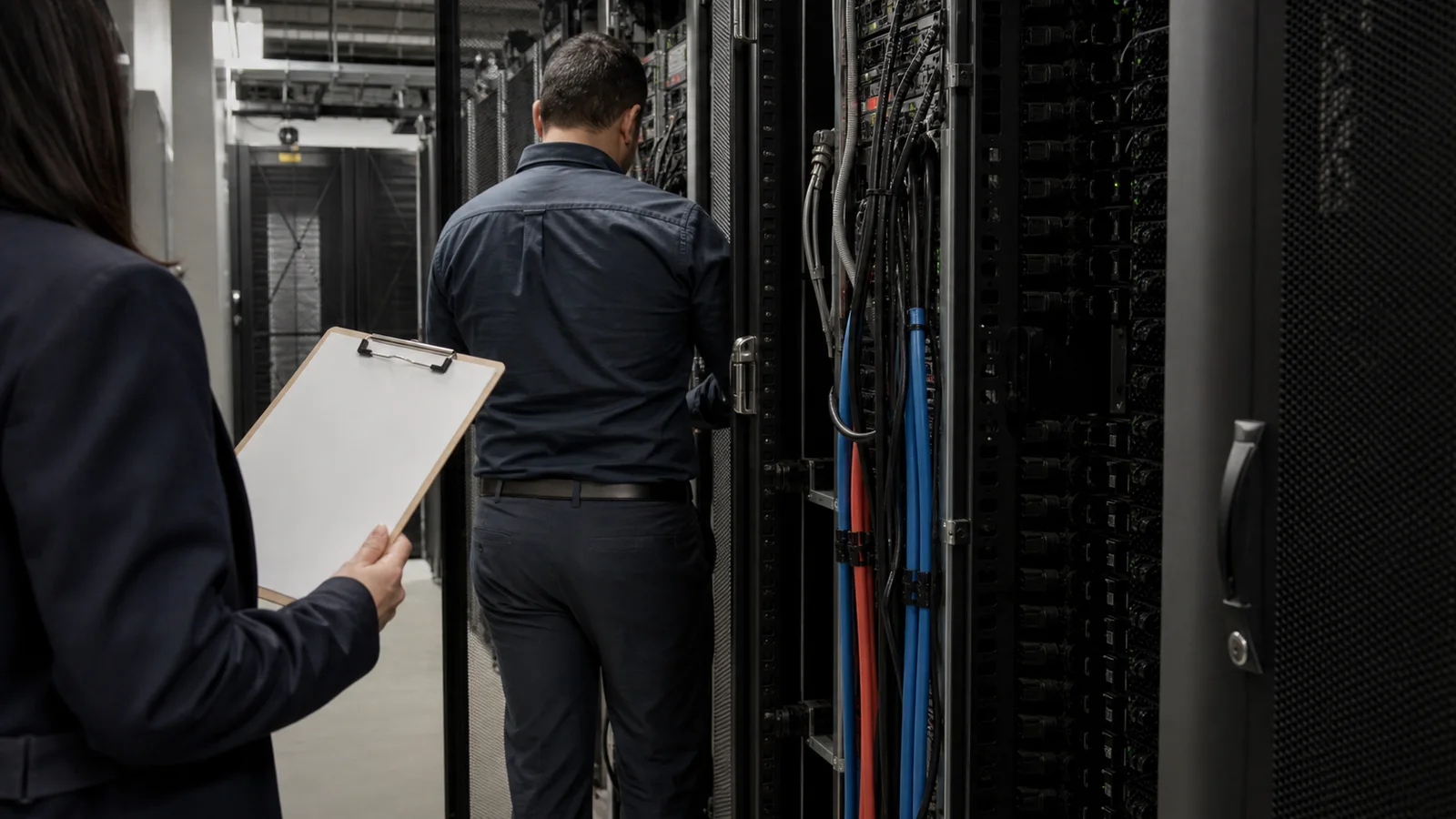 Corporate operations staff inspecting the physical server infrastructure behind AI computing costs