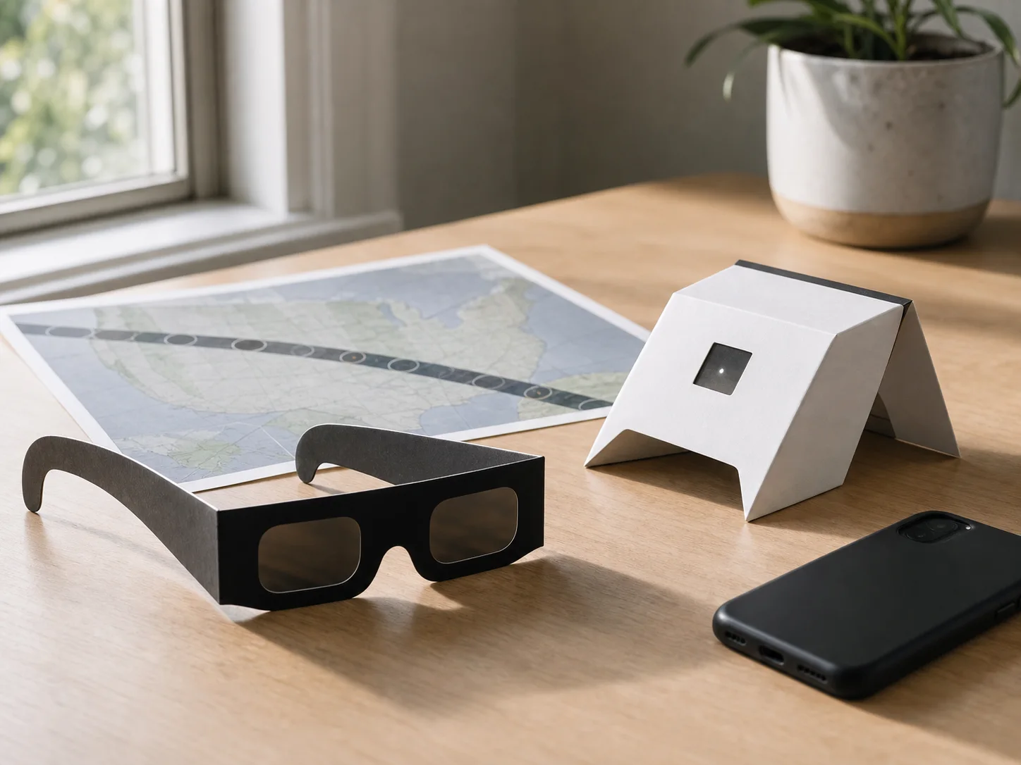 Eclipse glasses, a pinhole viewer and a planning map on a desk