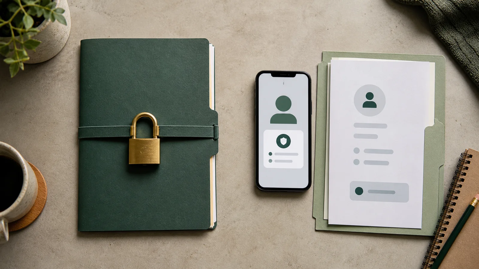 Locked paper file beside a phone with a generic identity-verification screen