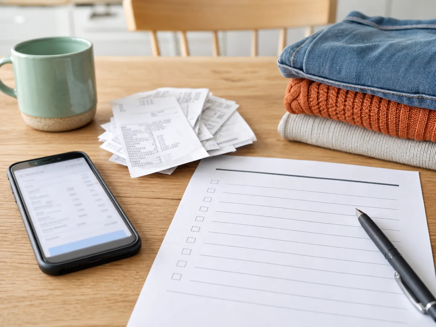 A phone, receipts, folded clothes and a blank shopping checklist on a table
