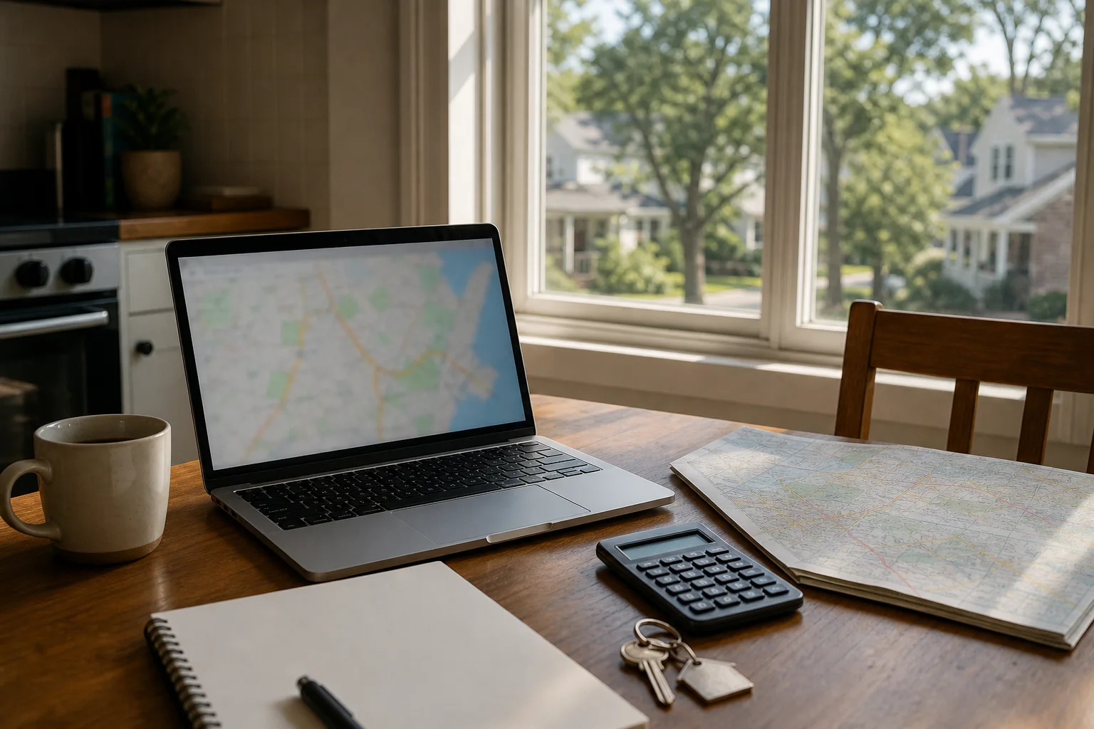Laptop, map, calculator and house keys arranged for relocation research