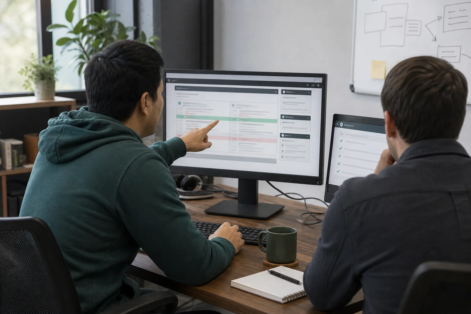Two software engineers reviewing an AI-assisted code change at a workstation