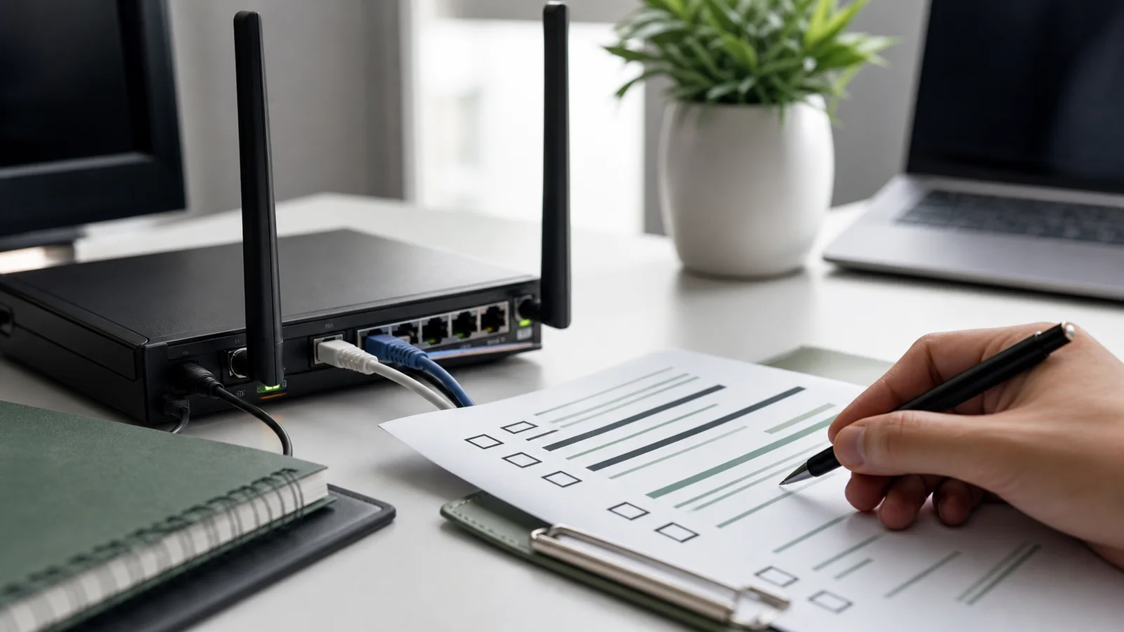 A router and cybersecurity checklist on an office desk