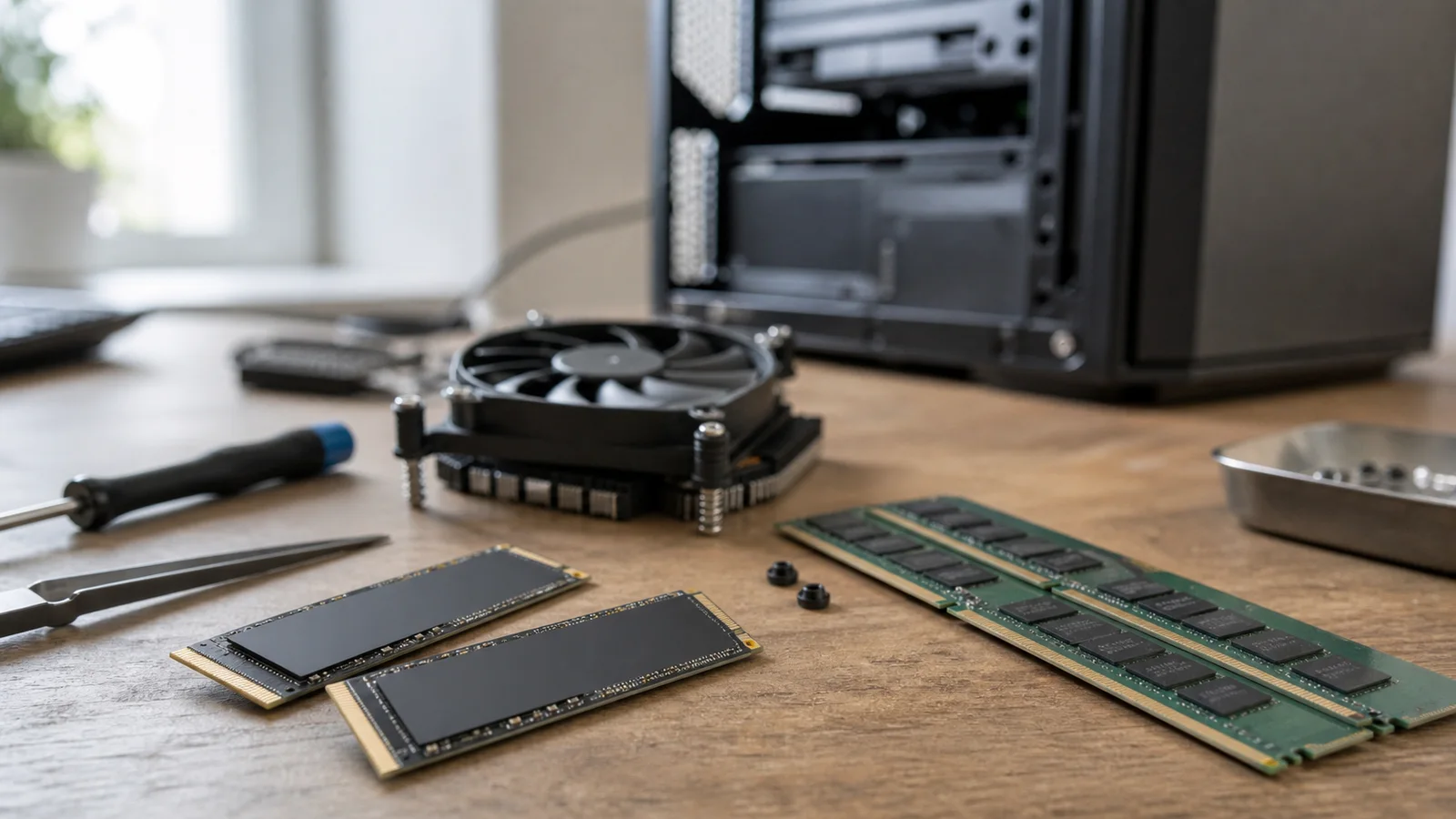 NVMe solid-state drives and RAM modules arranged on a computer workbench