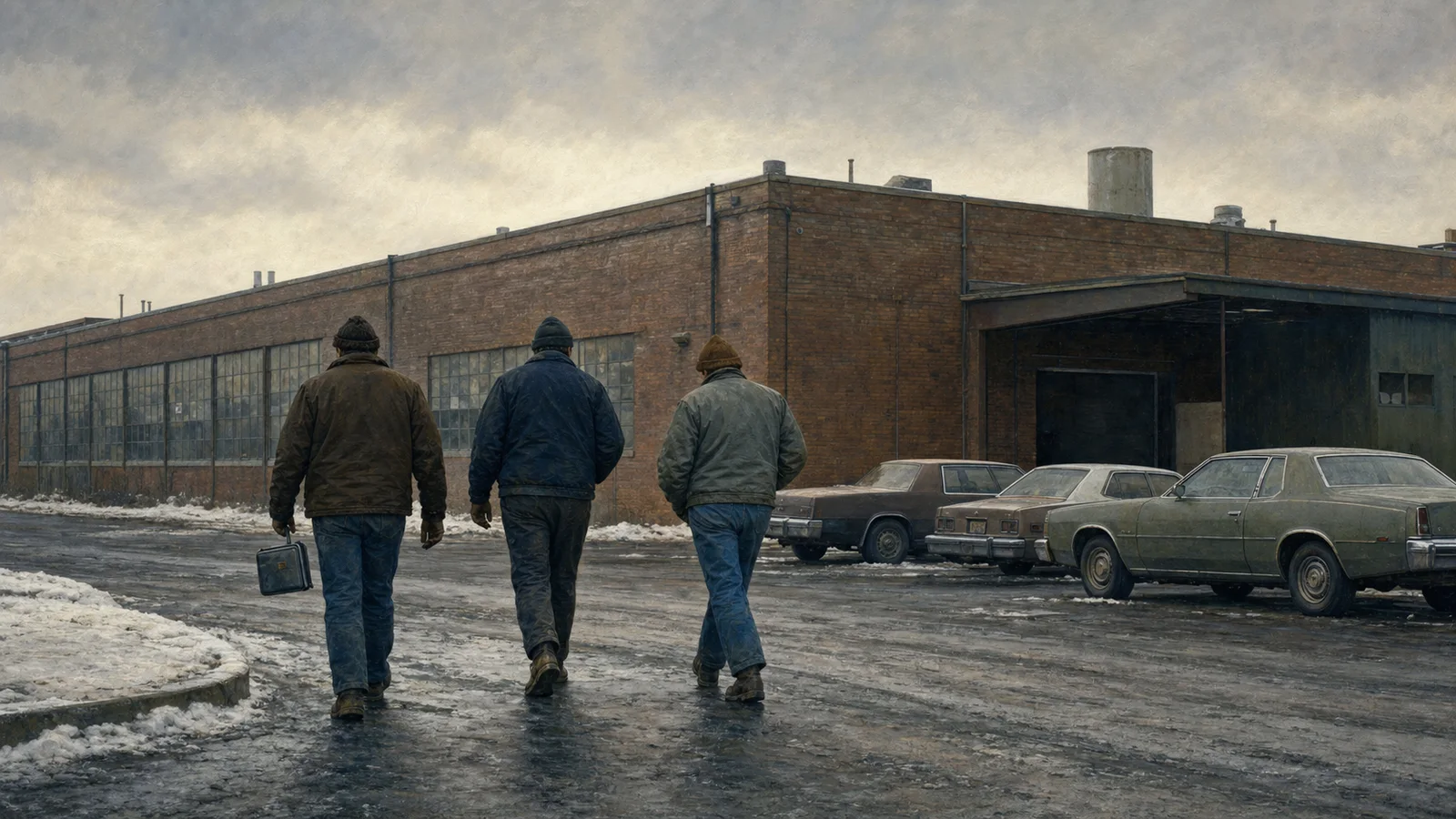 Editorial illustration of three factory workers leaving a quiet early-1980s manufacturing plant in winter