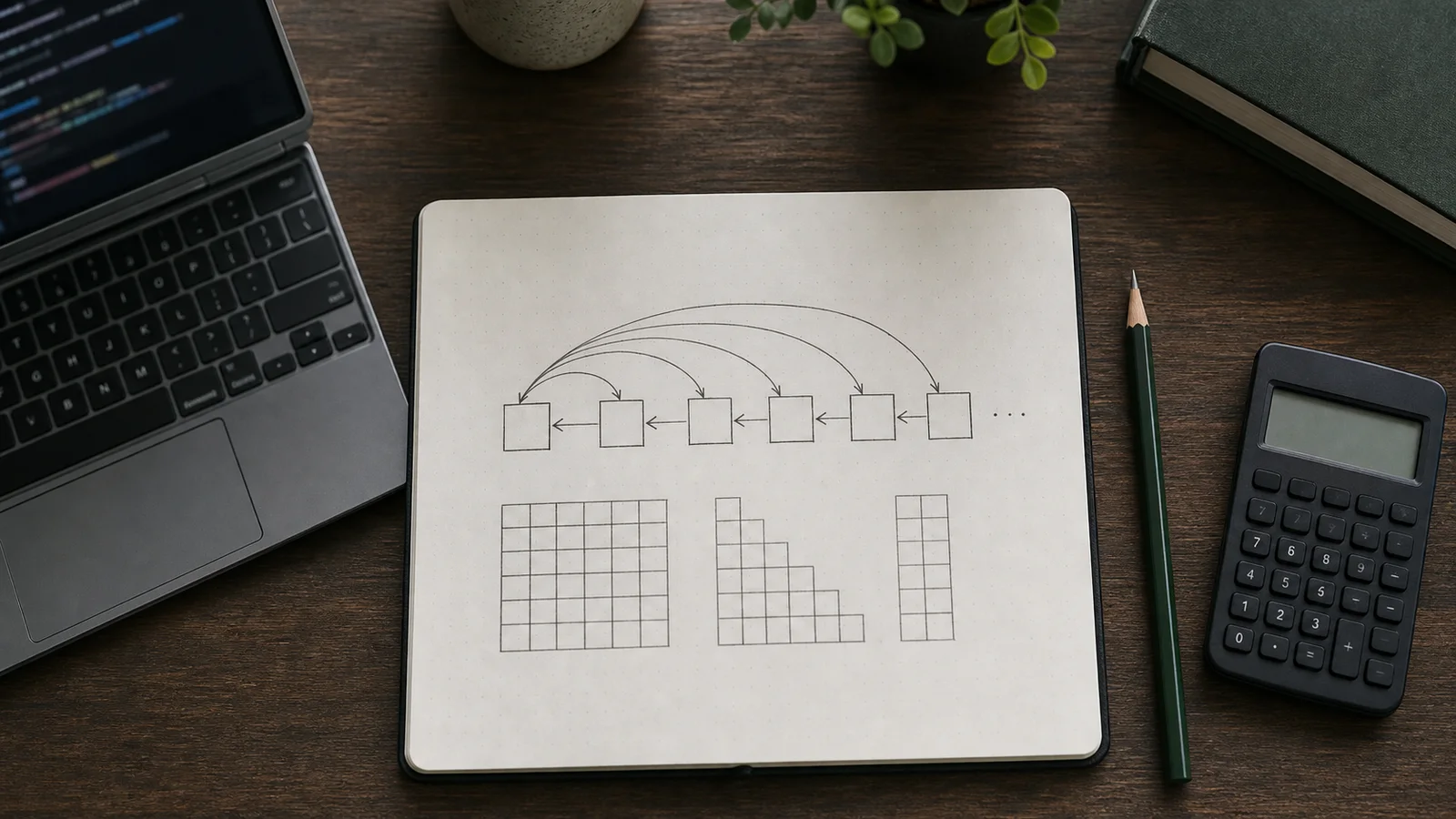 Notebook sketch showing each token position connected only to earlier positions