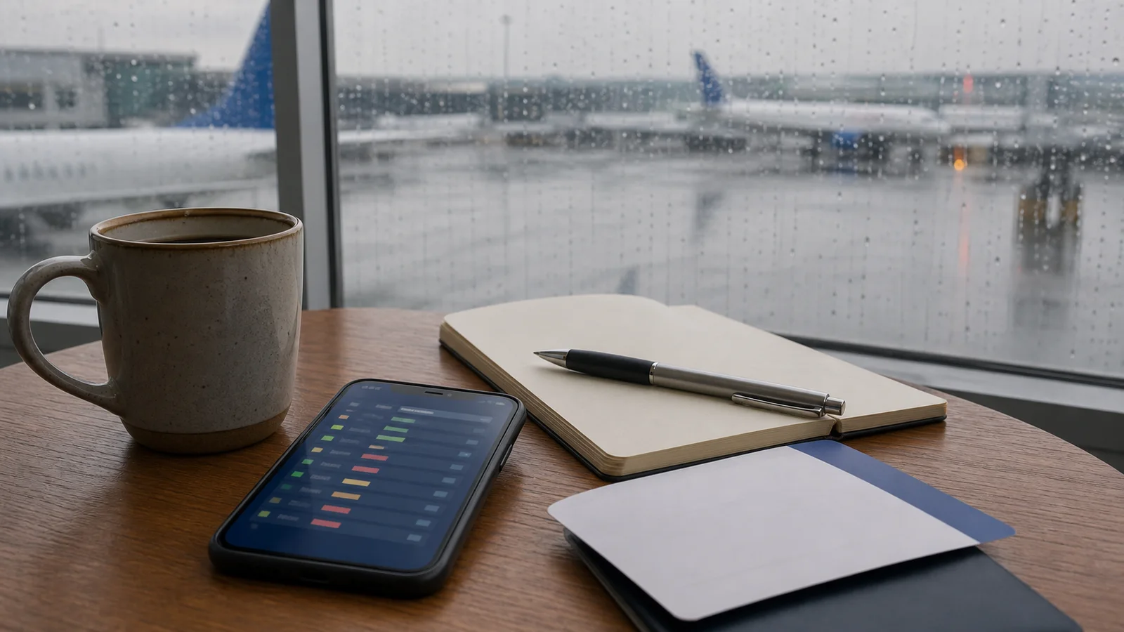 A phone, notebook and blank boarding pass on an airport table during rainy weather