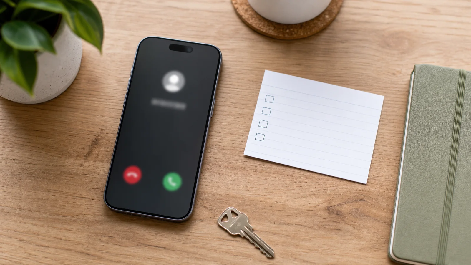 A phone, key, notebook, and blank checklist arranged on a desk