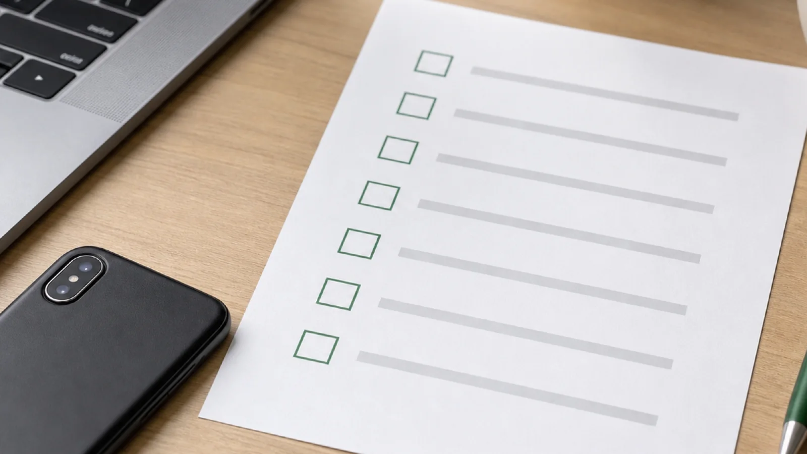 A phone and security checklist on a desk with blank checklist lines