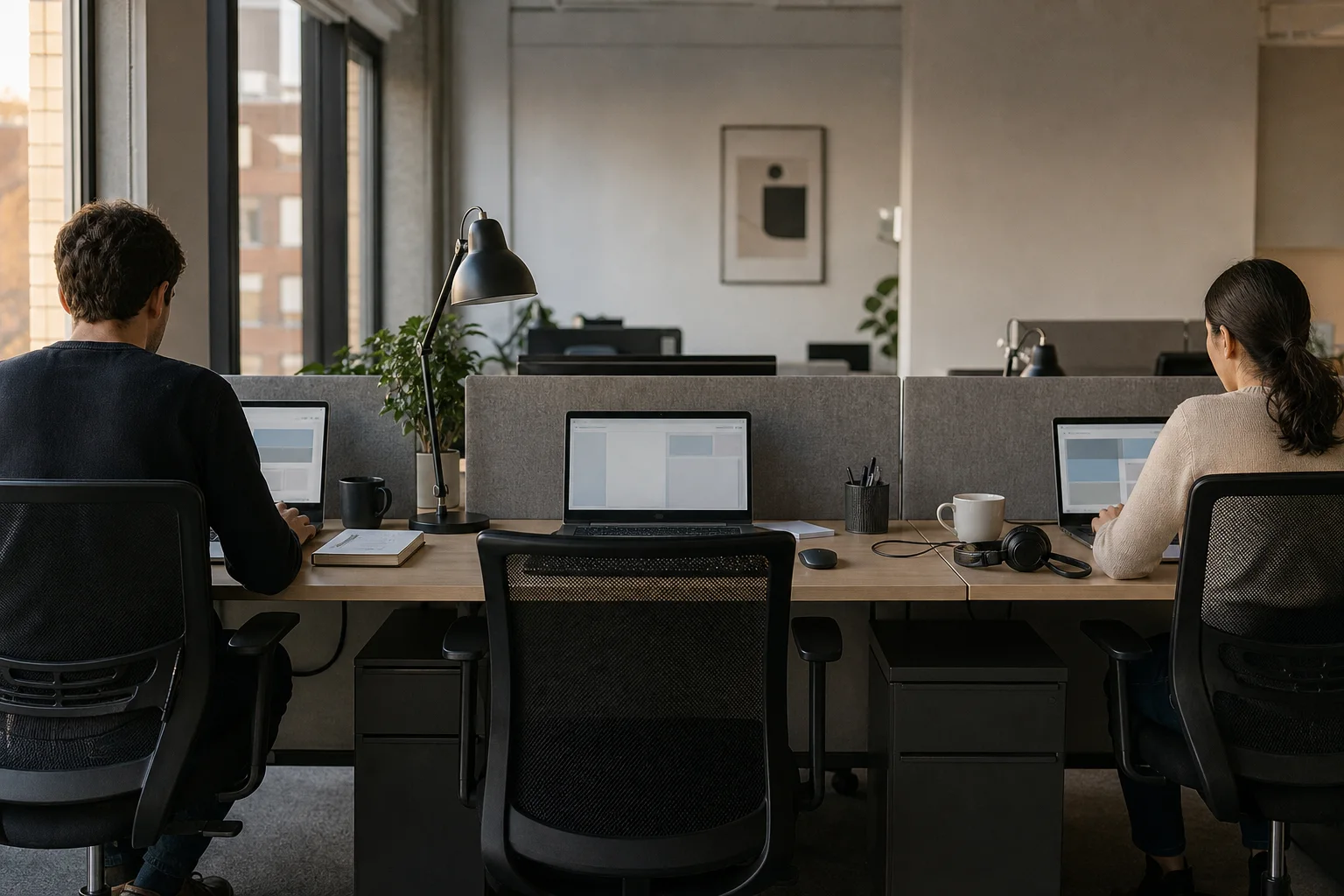 Two workers at office desks with an empty workstation between them