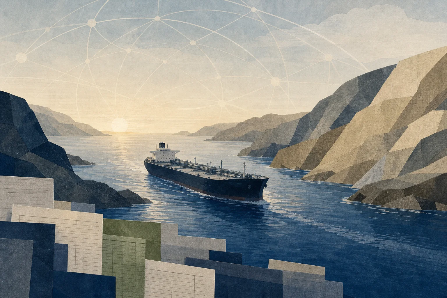 Editorial illustration of an oil tanker moving through a narrow waterway beneath global trade-route lines
