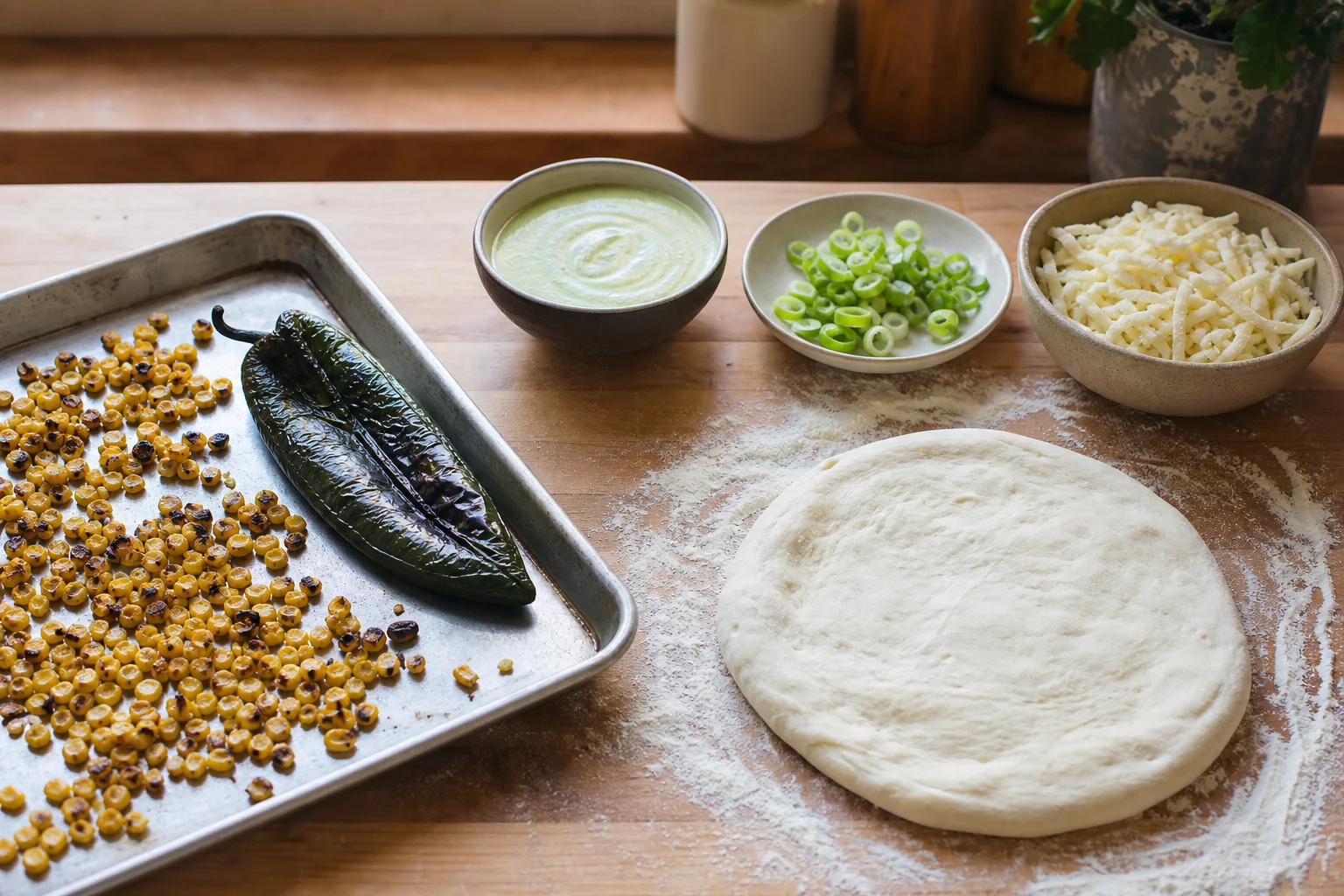 Pizza dough beside charred corn, roasted poblano, scallions, mozzarella and lime crema