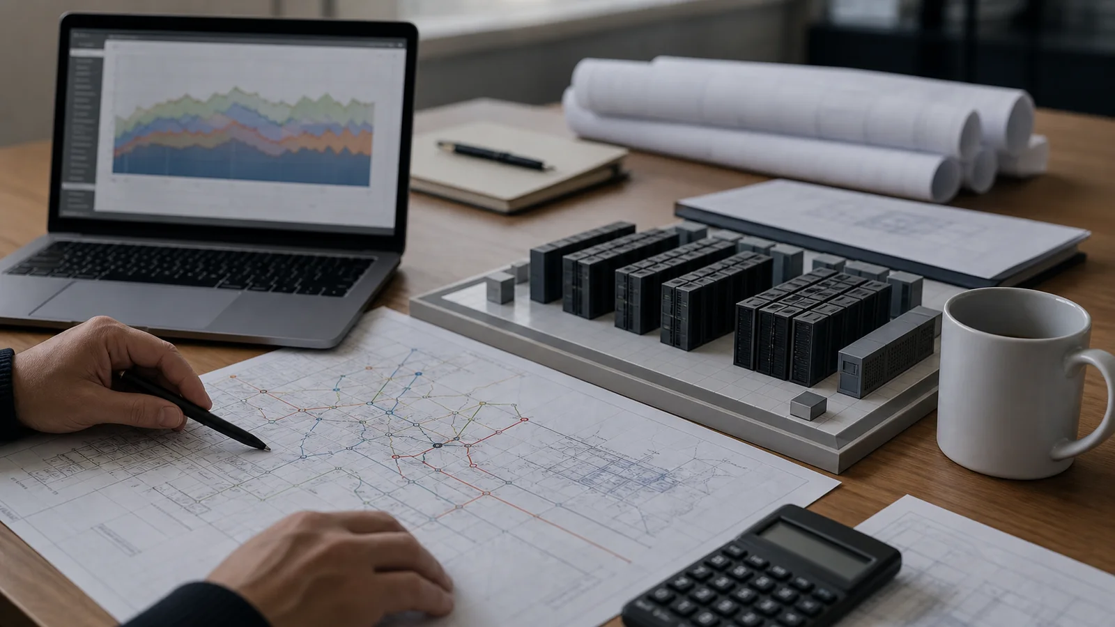 A generic utility planning desk with grid diagrams and a small data center model