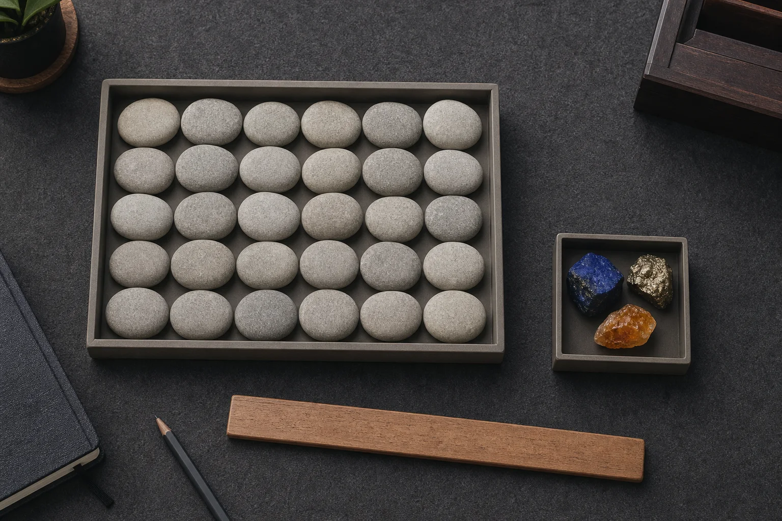 A large tray of pale stones beside a small tray containing three colorful mineral pieces