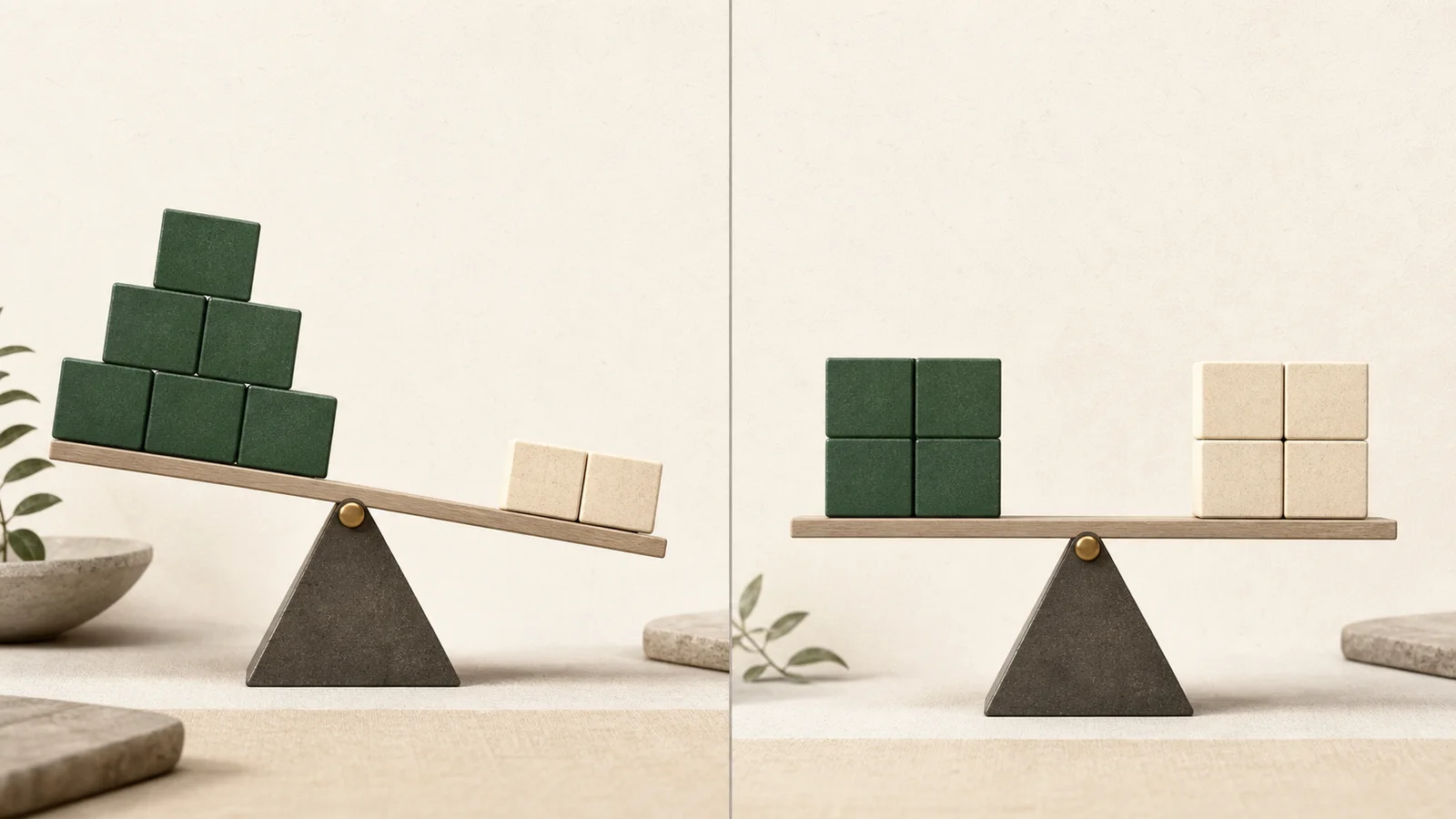 A clean editorial illustration showing a 60 percent stock and 40 percent bond allocation drifting and then returning to balance