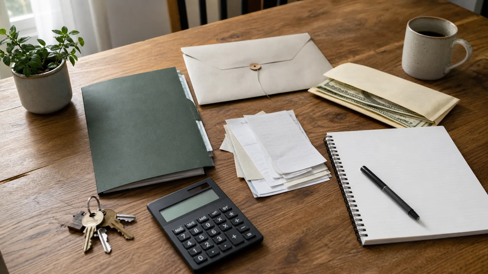 House keys beside an insurance policy, calculator and short-term rental expense notes