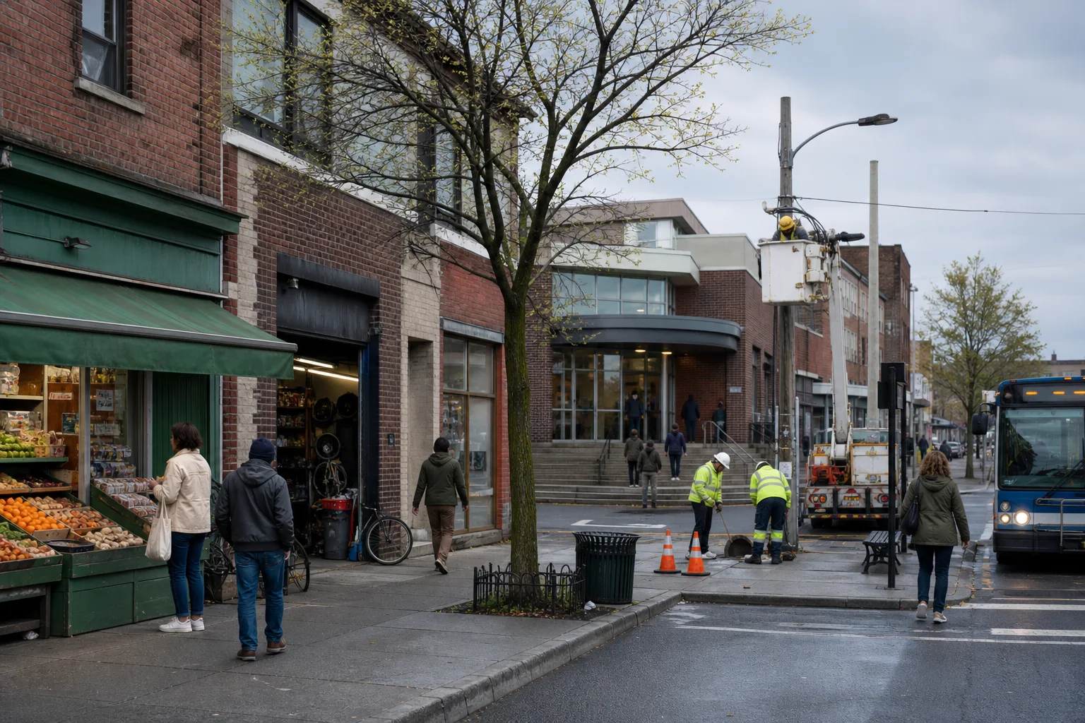 A neighborhood street with small businesses, public transit, a civic building and utility workers