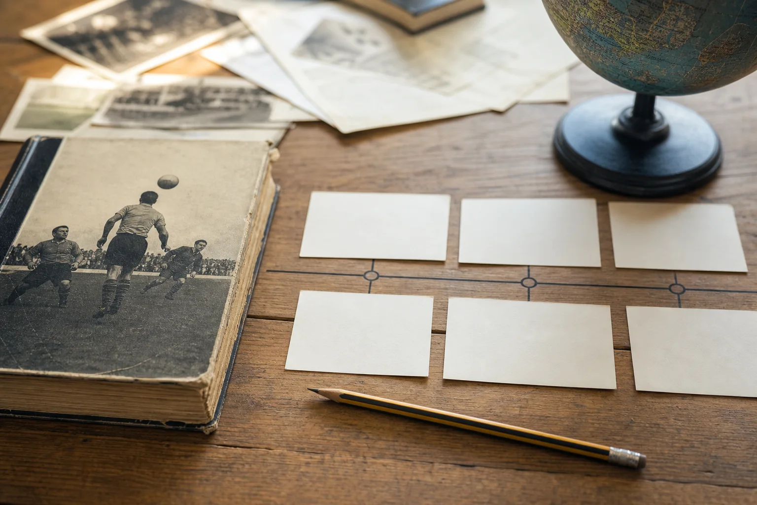 A generic tabletop timeline with blank cards, archival football imagery and a globe