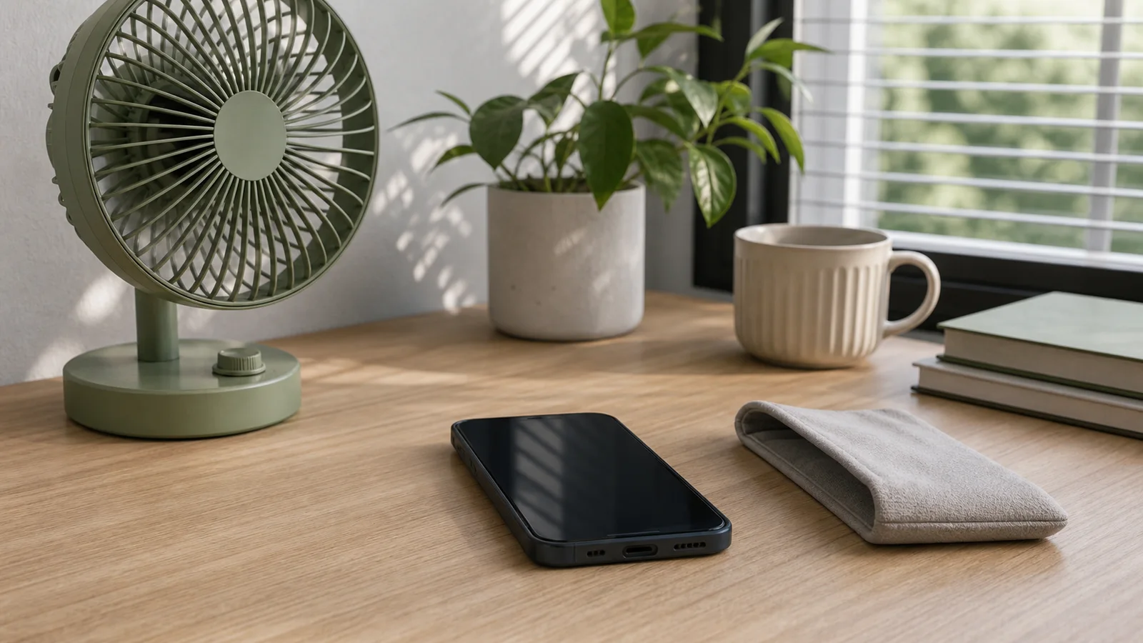 A smartphone cooling on an indoor desk near a small fan with its soft case removed