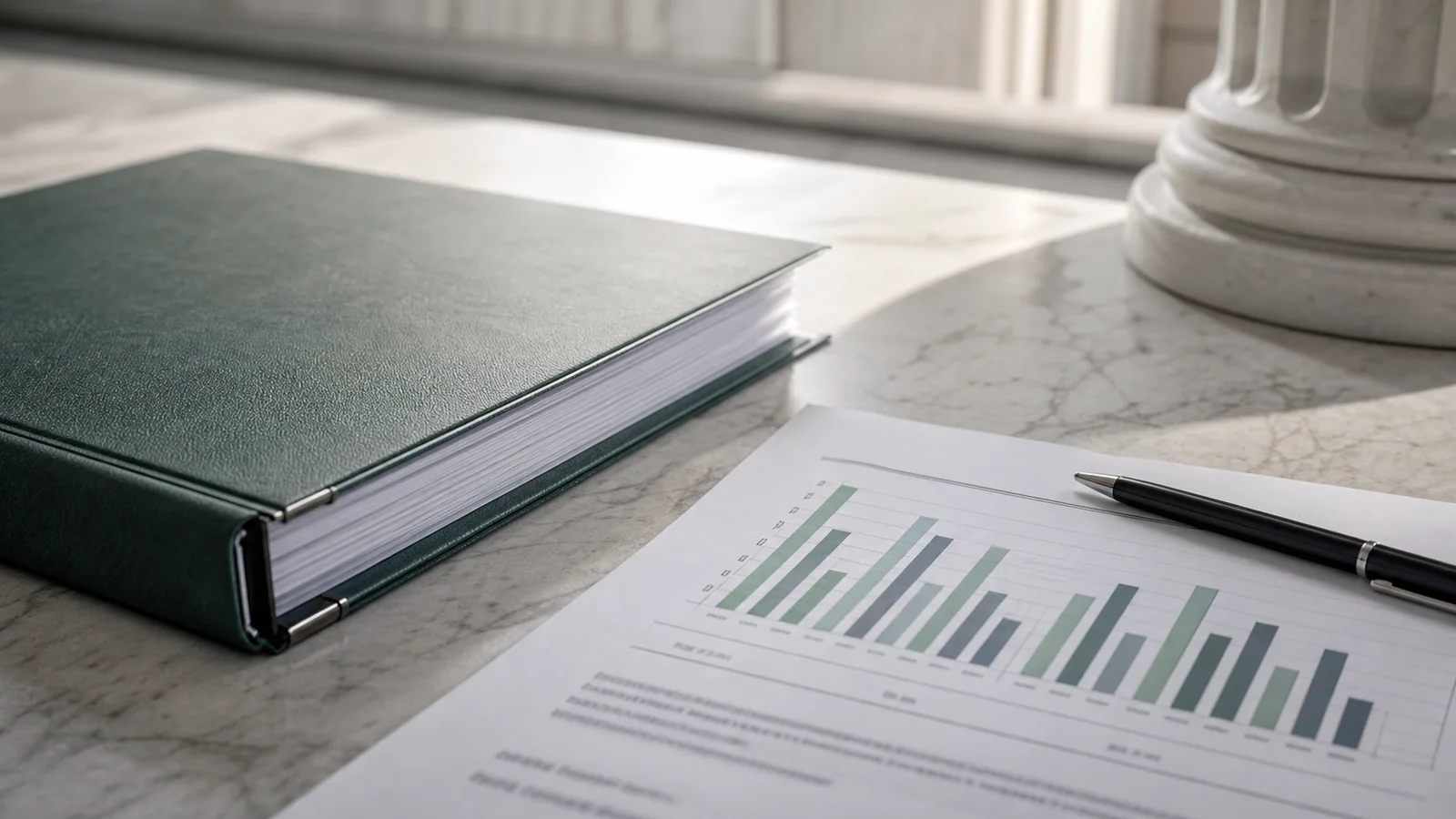 A budget binder and printed chart on a marble desk in a courthouse-style setting.