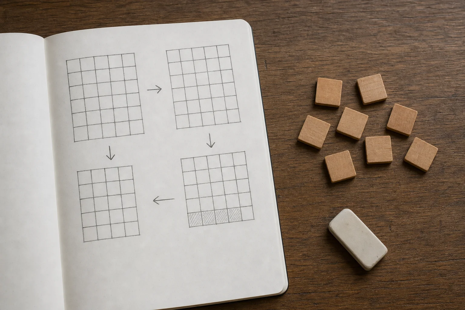 A notebook with blank five-column puzzle grids, arrows and face-down wooden tiles