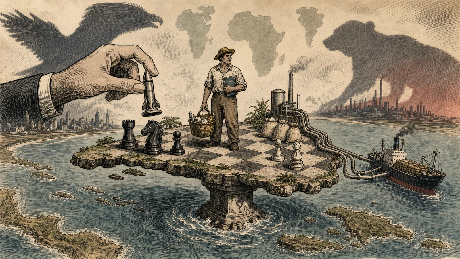Political cartoon showing Cuba as a chessboard between an eagle shadow and a bear shadow during the Cold War