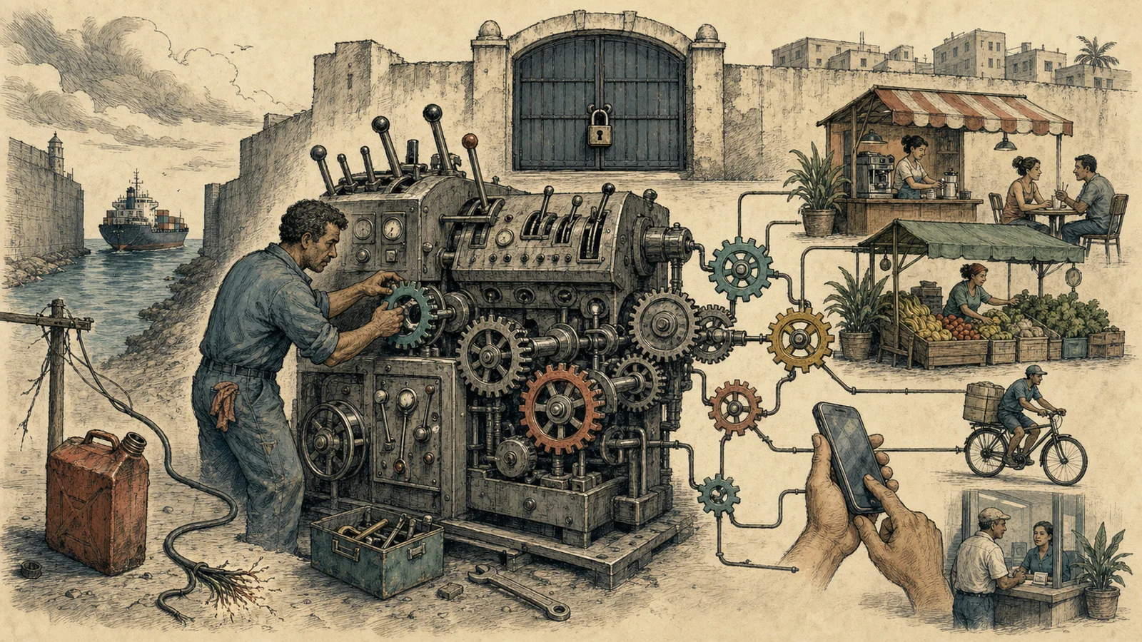Political cartoon of a mechanic adding market gears to an old state-planning machine beneath a locked political gate