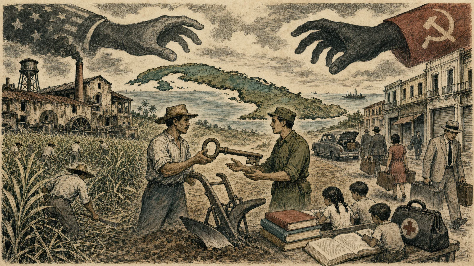 Political cartoon of land reform, public services, emigration and superpower pressure in early revolutionary Cuba