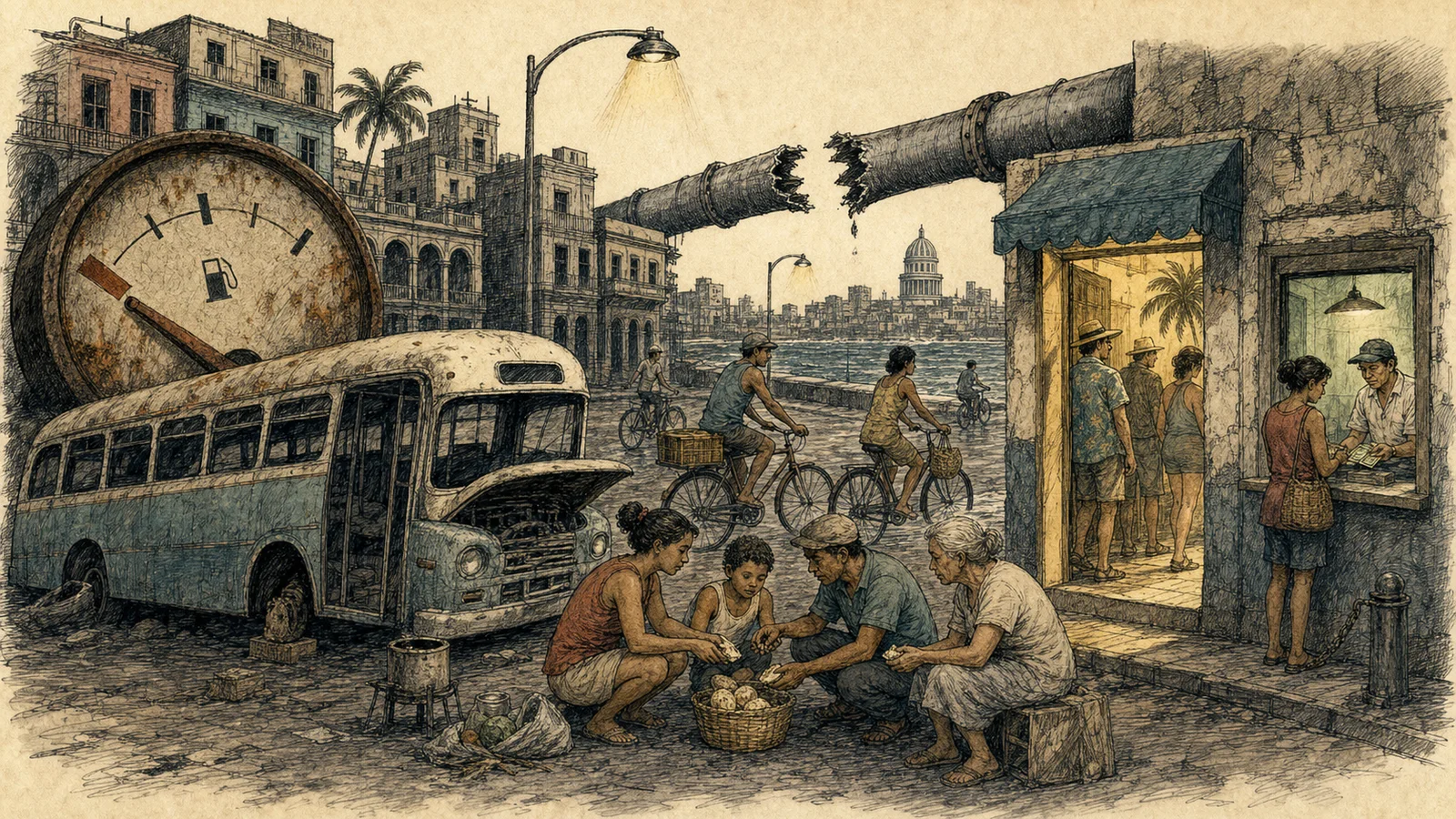 Political cartoon of Cubans using bicycles and rationing beside an empty fuel gauge during the Special Period