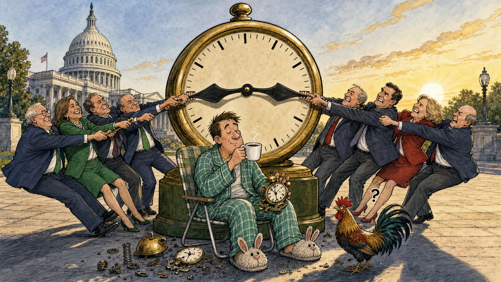 Cartoon of lawmakers pulling opposite hands of a giant clock outside the Capitol while a sleepy voter drinks coffee in pajamas
