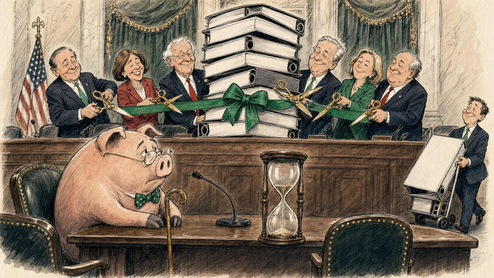 Cartoon of senators cutting a ceremonial ribbon around a tall stack of blank binders while an elderly piggy bank waits beside an hourglass