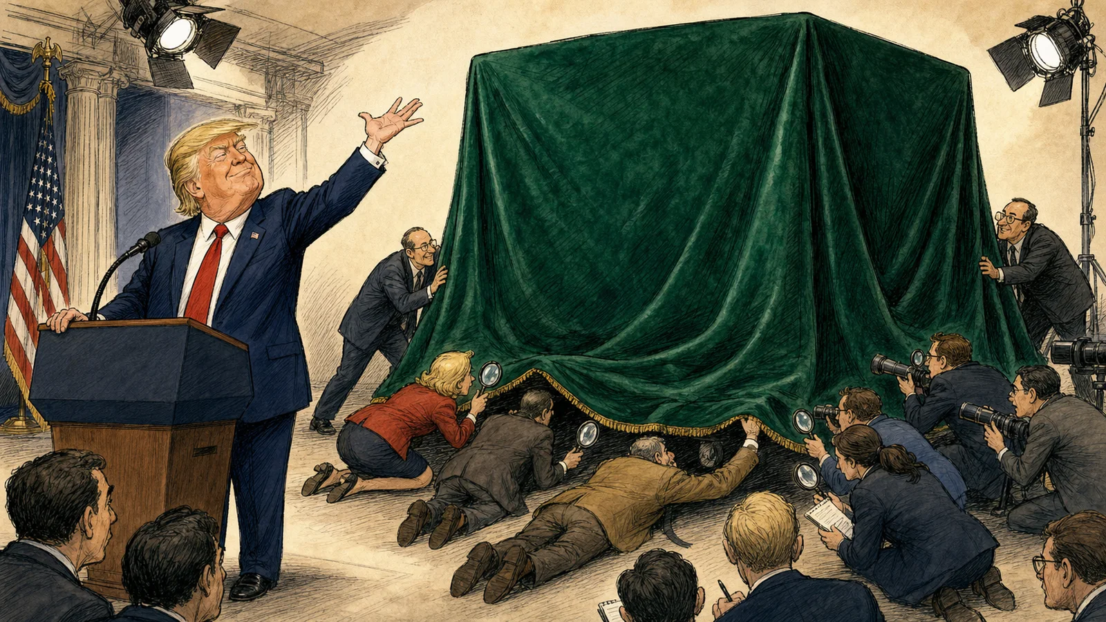 Cartoon of President Donald Trump at a television podium while reporters inspect an enormous mystery box hidden under a green cloth
