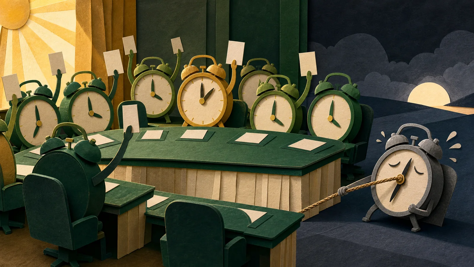 Paper-cut alarm clocks vote while one exhausted clock pulls its hand with a rope