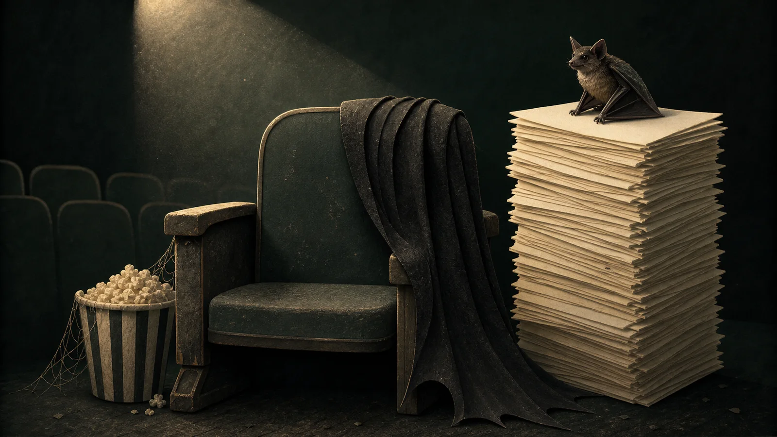 Empty cinema seat with a black cape, dusty popcorn and a tall stack of blank paper