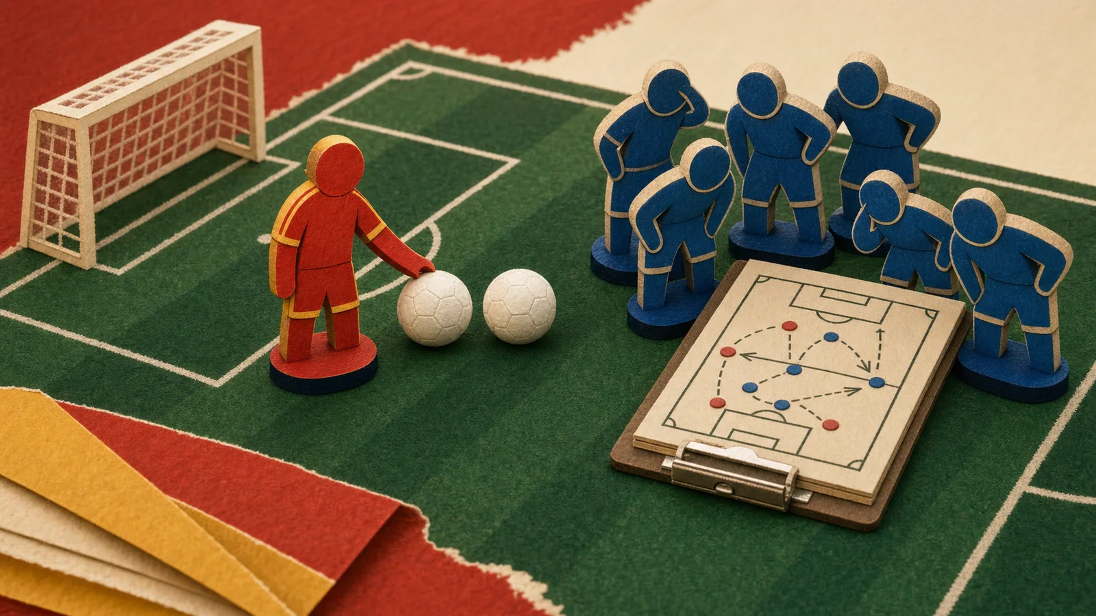 Red-and-gold soccer token places two balls while blue tokens study a tactical board